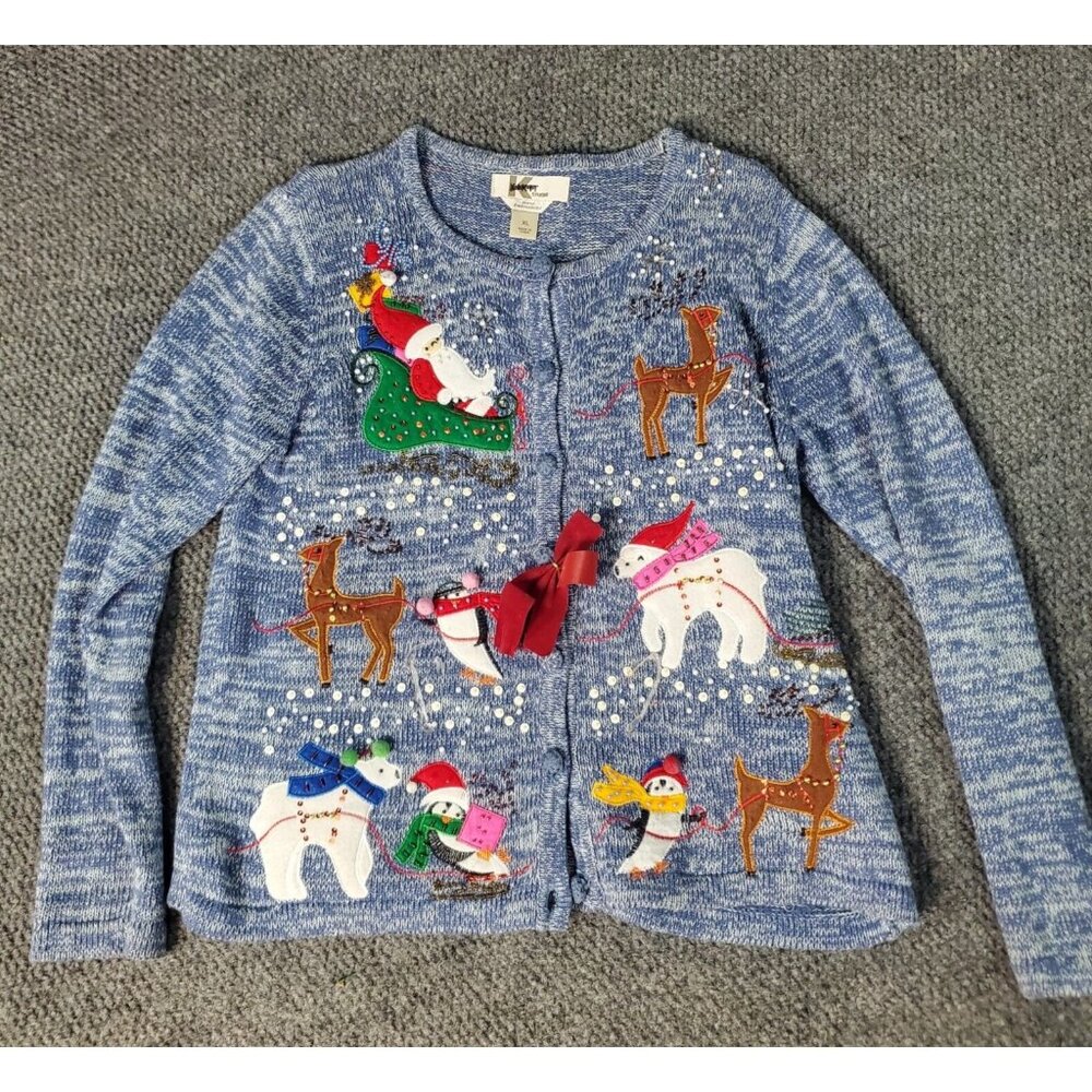 Grandma Sweater Christmas Santa Penguin Reindeer Beaded Embroidere Kikit Blue XL